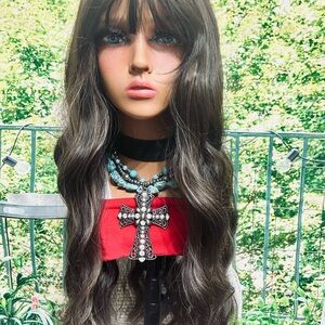 Long Wavy Brown w/ Blonde Highlights soft synthetic Hair Wig